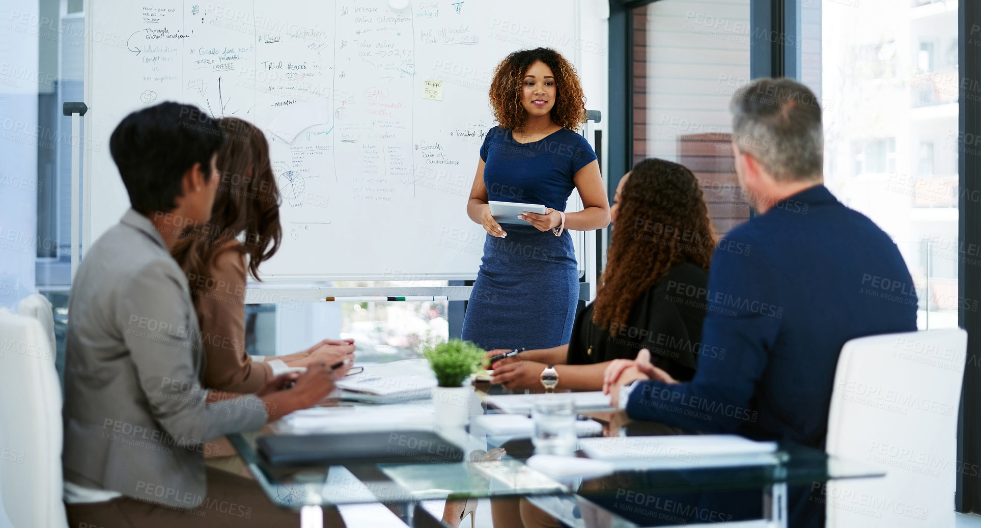 Buy stock photo Woman, meeting and tablet with staff in office for research, finance report and training. Manager, digital and coaching team for upskill development, budget information and presentation for proposal