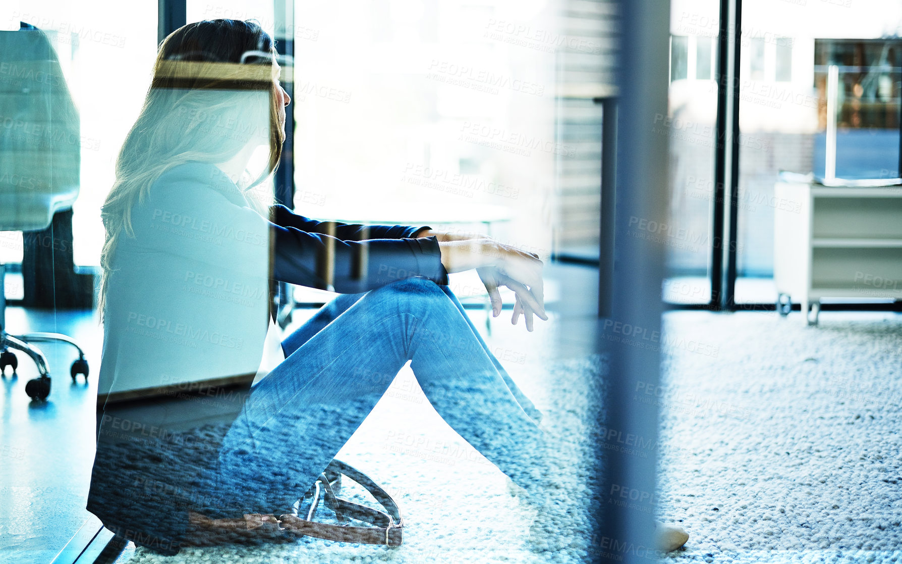 Buy stock photo Business woman, stress and thinking with anxiety for project mistake, deadline or crisis in office. Thoughtful, female person or contemplating with window or reflection for fail or risk in workplace