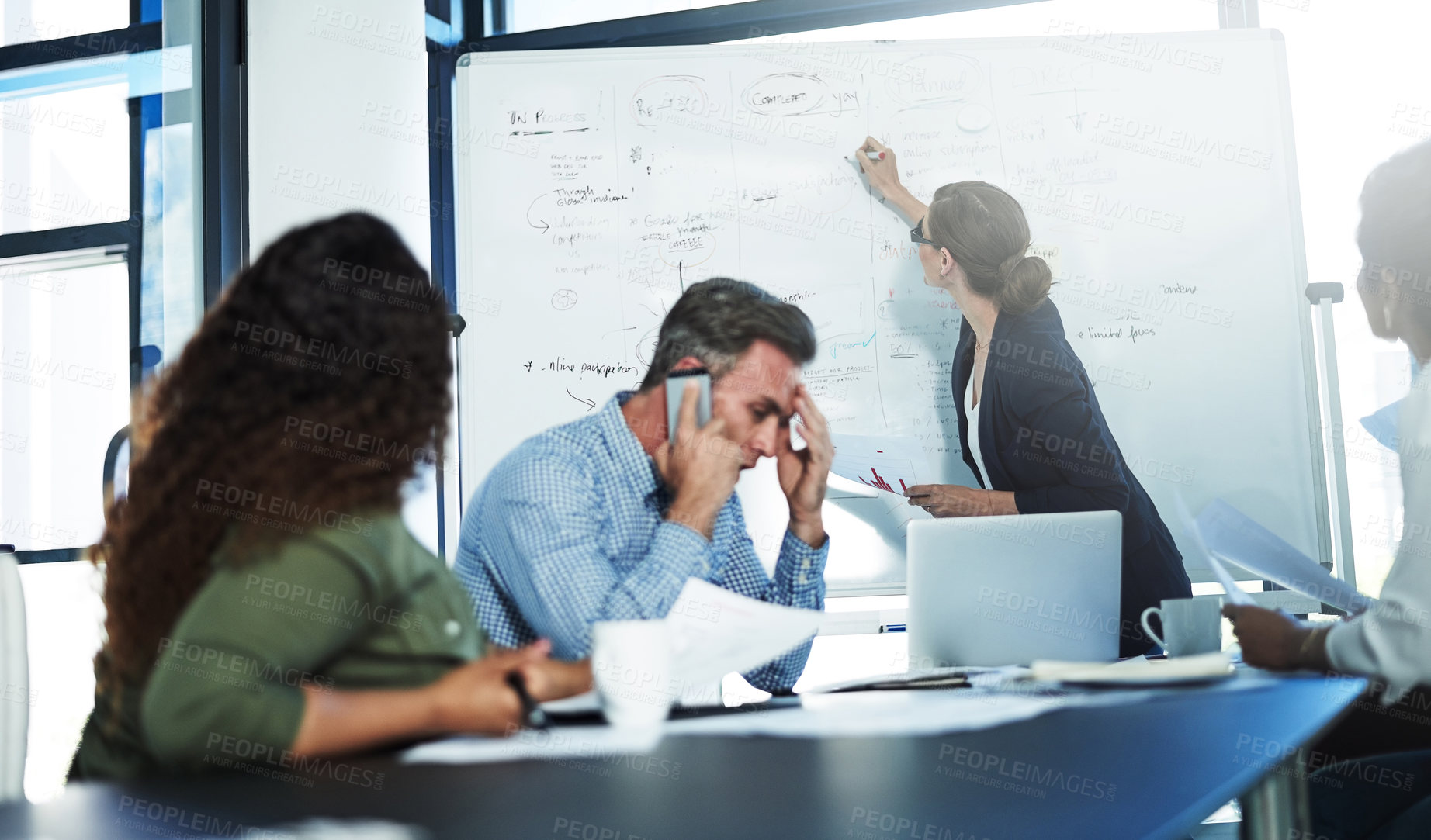 Buy stock photo Business people, meeting and writing with whiteboard for presentation, brainstorming or planning. Group, employees or colleagues with team discussion for project ideas, agenda or tasks in workplace