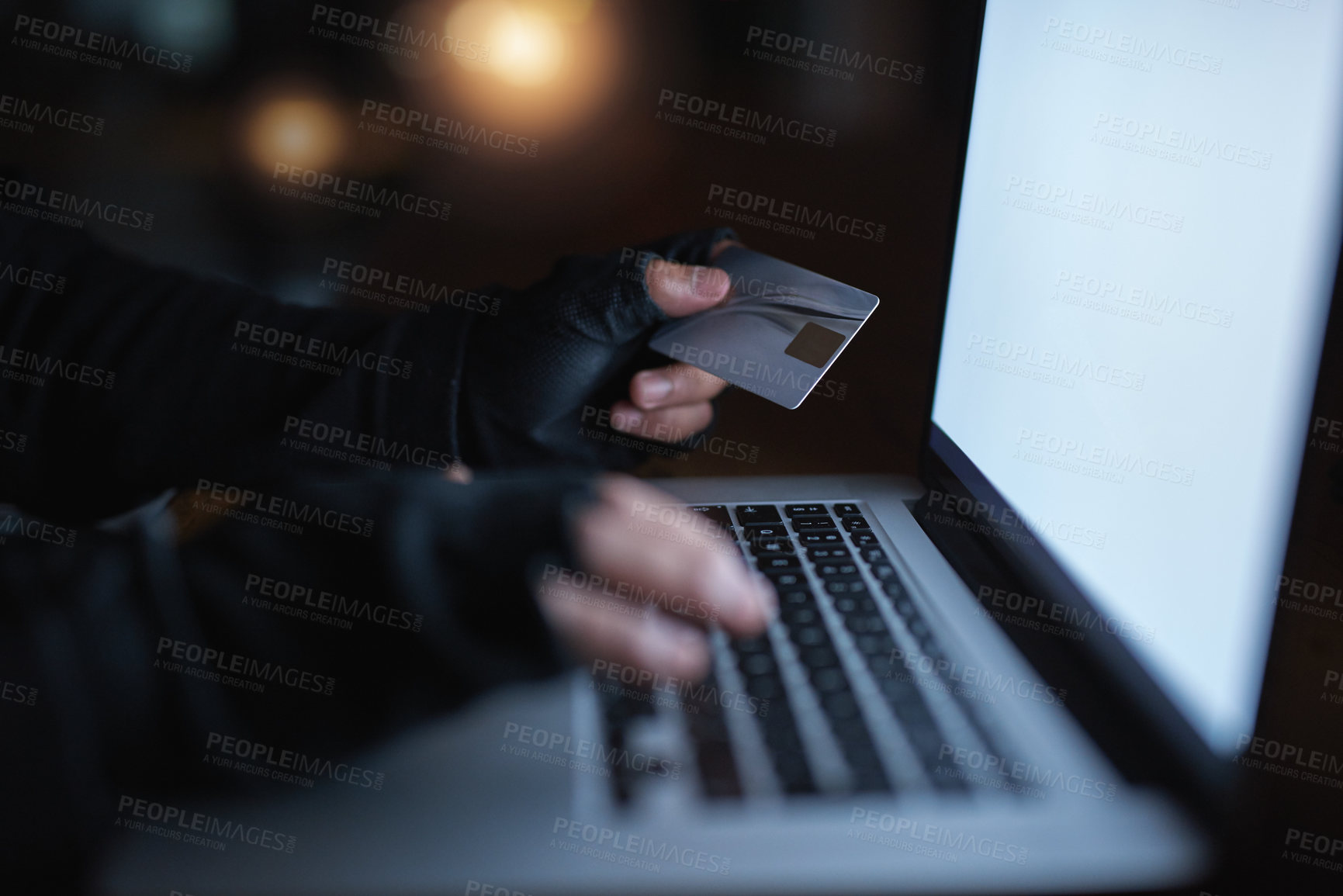 Buy stock photo Hacker, credit card and finance on laptop at night by hacking software database, password or security attack for financial information. Criminal, typing and digital banking fraud for privacy risk
