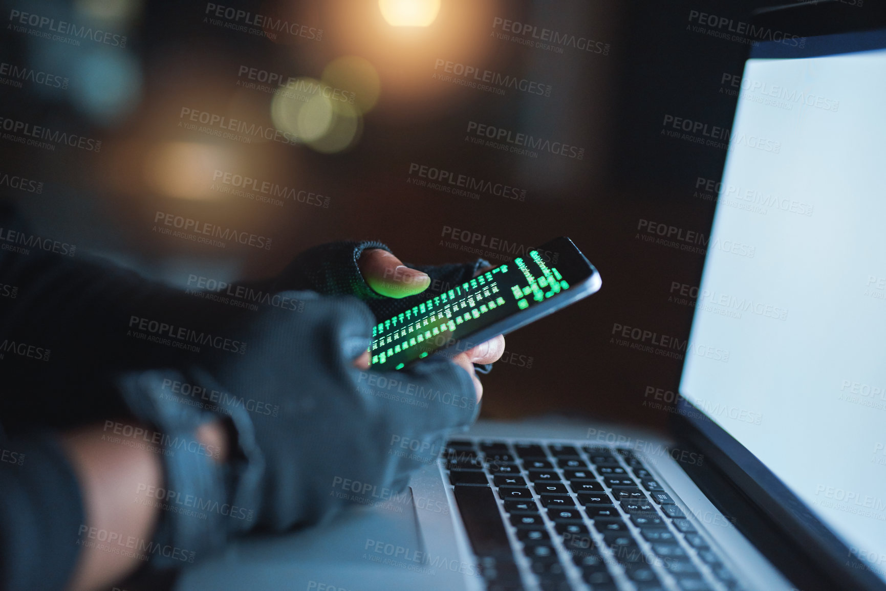 Buy stock photo Phone, hacker and coding on laptop at night for hacking software database, password or virus update for information cyber attack. Server, screen or malware danger for phishing privacy risk of fraud

