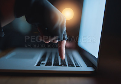 Buy stock photo Hacker, finger and laptop network at night for hacking software database, password or virus update of information cyber attack. Secure, done and malware of criminal danger by phishing privacy risk