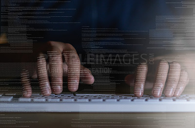 Buy stock photo Shot of an unrecognisable hacker using a computer in the dark