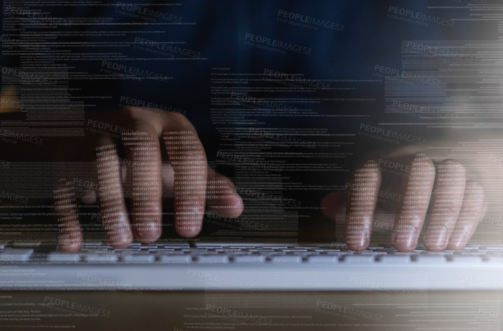 Buy stock photo Shot of an unrecognisable hacker using a computer in the dark