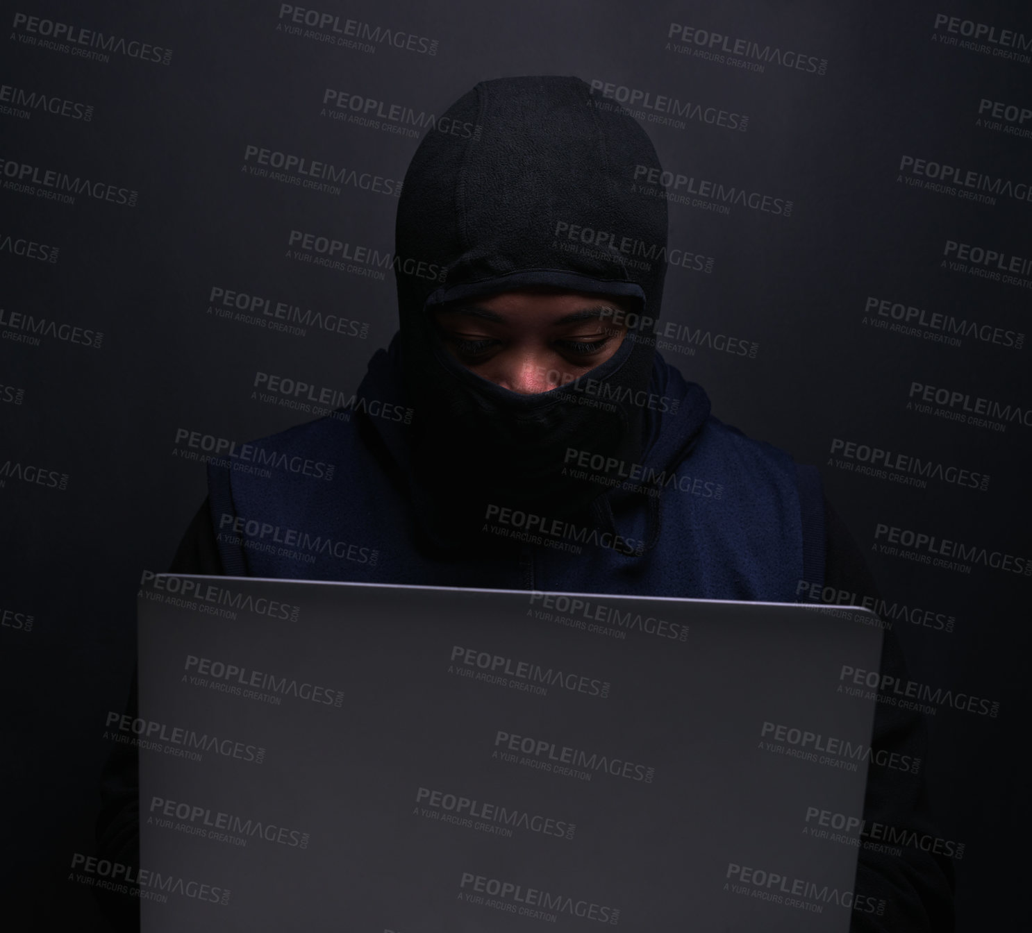 Buy stock photo Cybersecurity, hacker and man with laptop in studio for information technology, crime and fraud. Network, risk and programming with cyber attack for database, firewall and malware on black background