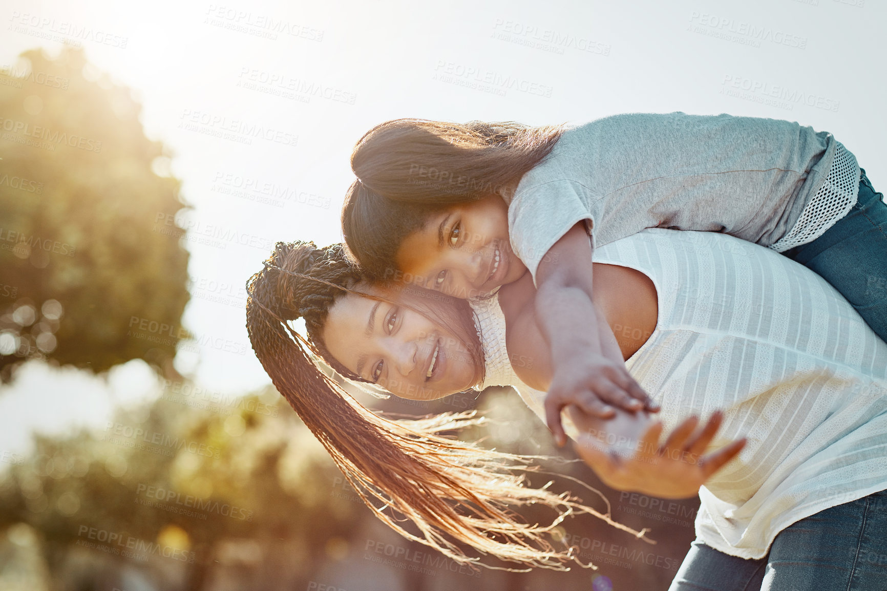 Buy stock photo Park, portrait and airplane with girl and mother outdoor together with family, nature and bonding in summer. Mom, daughter and love with happy woman and child outside with piggyback play for fun