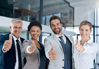 Buy stock photo Portrait, thumbs up or team of business people in agreement, support or collaboration together in office. Proud community, group or happy employees smile with diversity, yes sign or like hand gesture