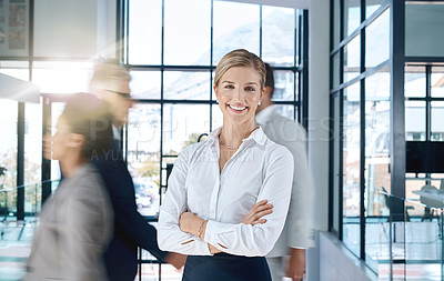 Buy stock photo Busy office, portrait or happy businesswoman with arms crossed in workplace for company development. Corporate job, smile or face of a proud financial advisor, female manager or confident employee