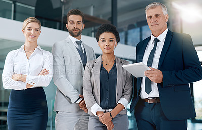 Buy stock photo Teamwork, tablet or portrait of confident business people in office together in collaboration or company. Diversity, corporate staff or employees planning a group mission in meeting or workplace 