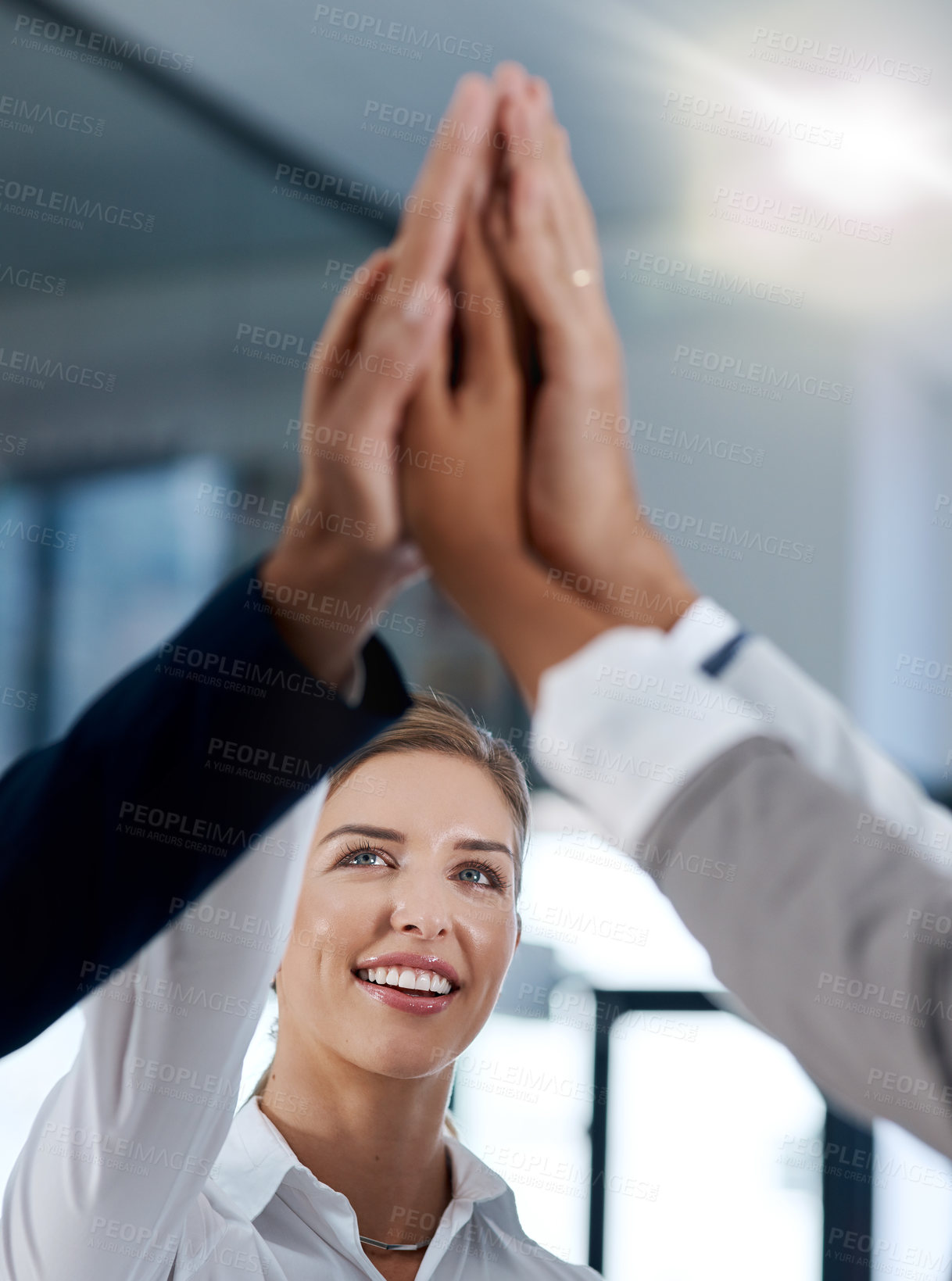 Buy stock photo Happy woman, success or hands of business people high five in celebration of goals, mission or teamwork. Partnership, smile or excited workers in office for motivation, solidarity or winning a deal 