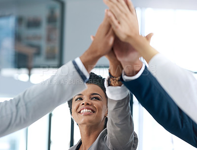 Buy stock photo Happy woman, goals or hands of business people high five in celebration of success, mission or teamwork. Partnership, smile or excited workers in office for motivation, solidarity or winning a deal 