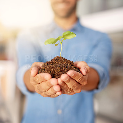 Buy stock photo Startup, plant or soil in hands of person with growth for sustainability, development or eco friendly environment. Carbon footprint, sand closeup or businessman with care or leaf in dirt or nature