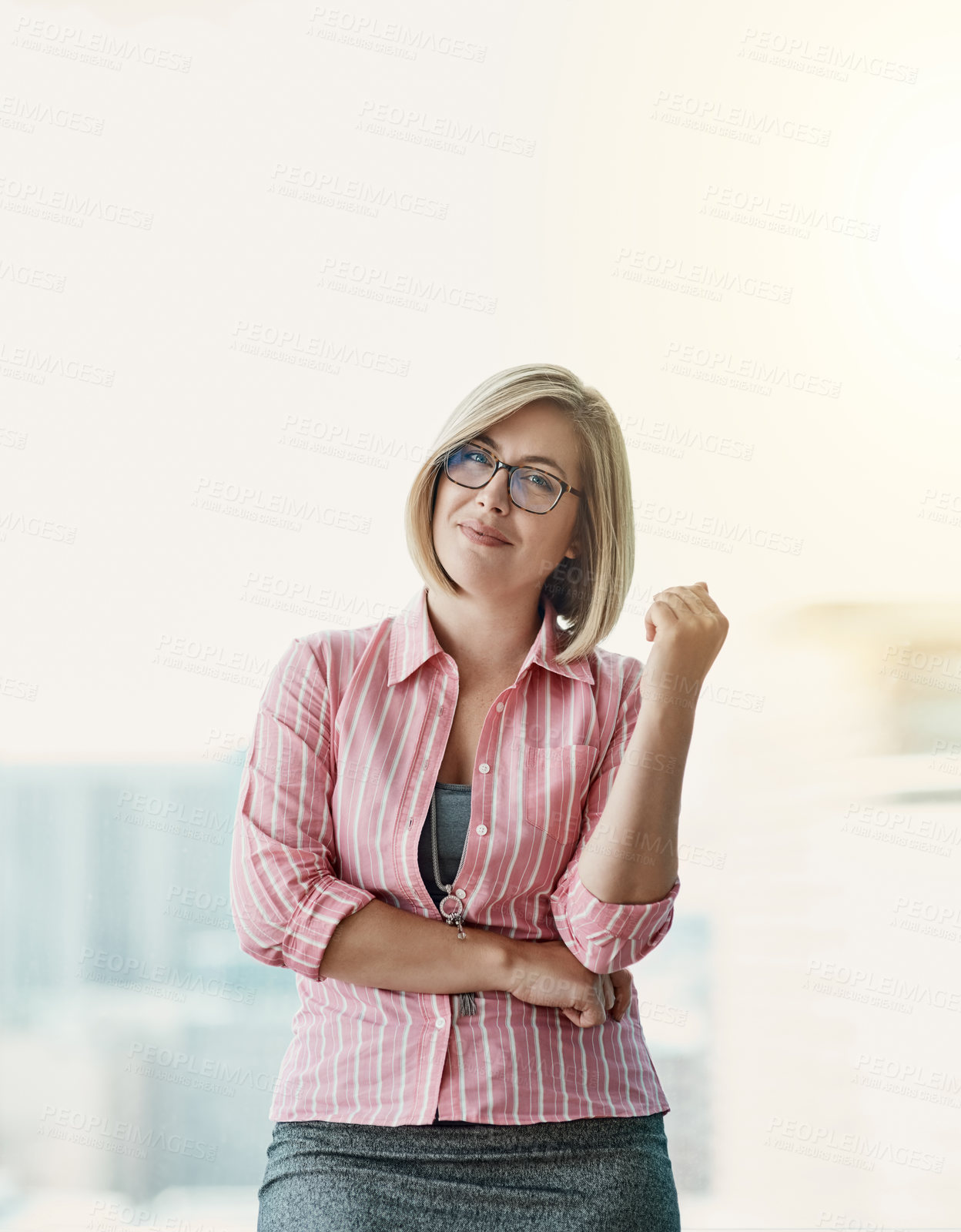 Buy stock photo Businesswoman, office and portrait with glasses for career confidence, secretary for corporate company. Female receptionist, wellness or pride for job with workplace administration, employee or happy