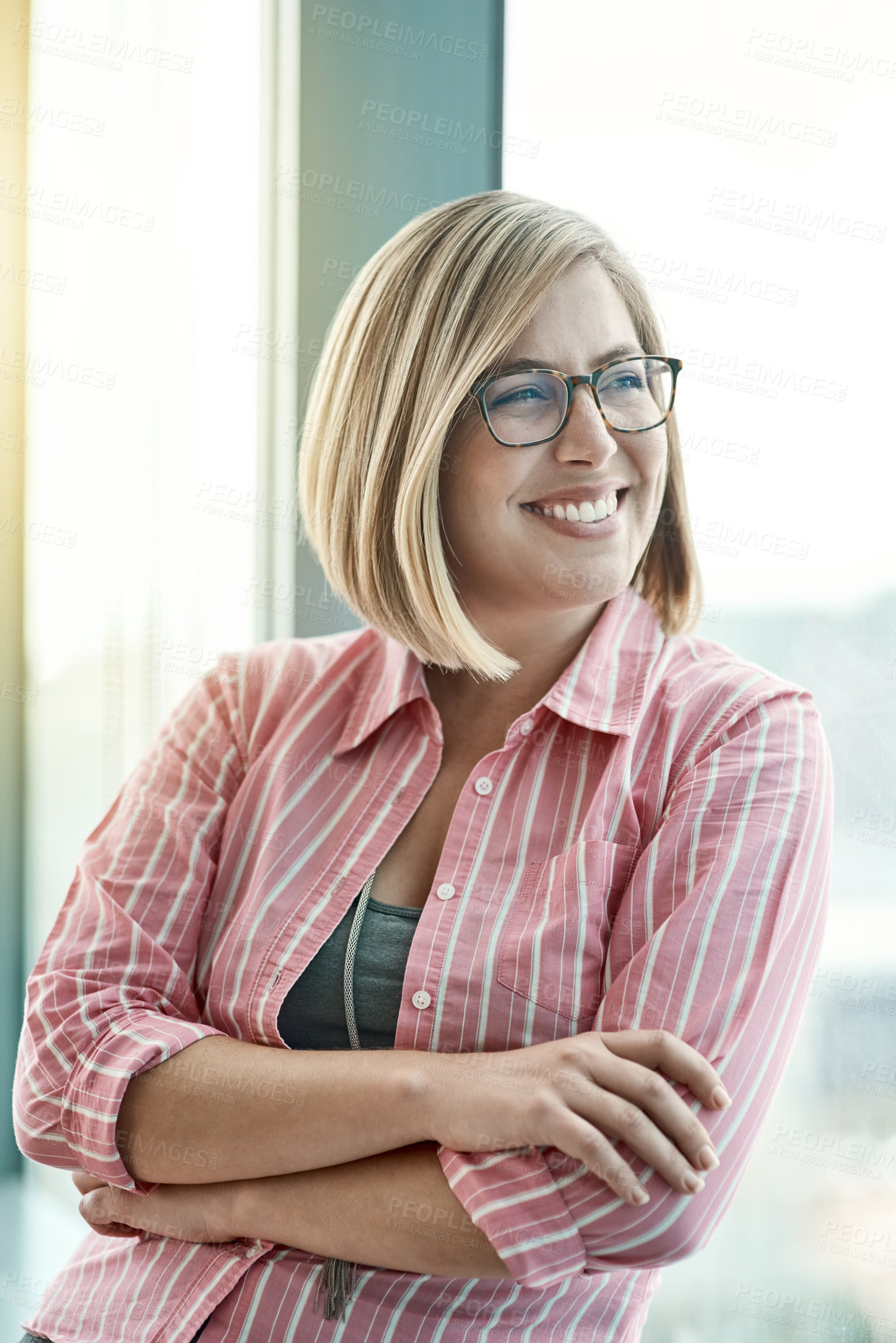 Buy stock photo Business, woman and arms crossed with thinking in office at window with daydreaming, planning and inspiration. Professional, employee and ideas in workplace with problem solving, solution and glasses