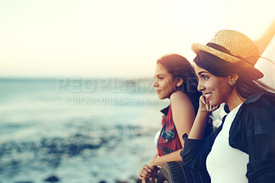 Buy stock photo Travel, friends and women at beach for holiday, summer vacation and bonding on weekend. Sunshine, nature and happy people with ocean view smile for adventure, thinking and relax together by seaside