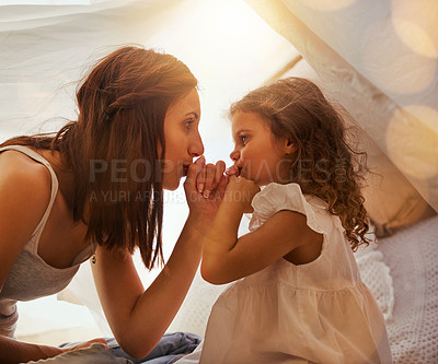 Buy stock photo Pinky promise, kiss and mom with child in bedroom with trust for secret, agreement and honesty. Family home, love and mom and girl with hand gesture in tent for confidential, bonding and relationship