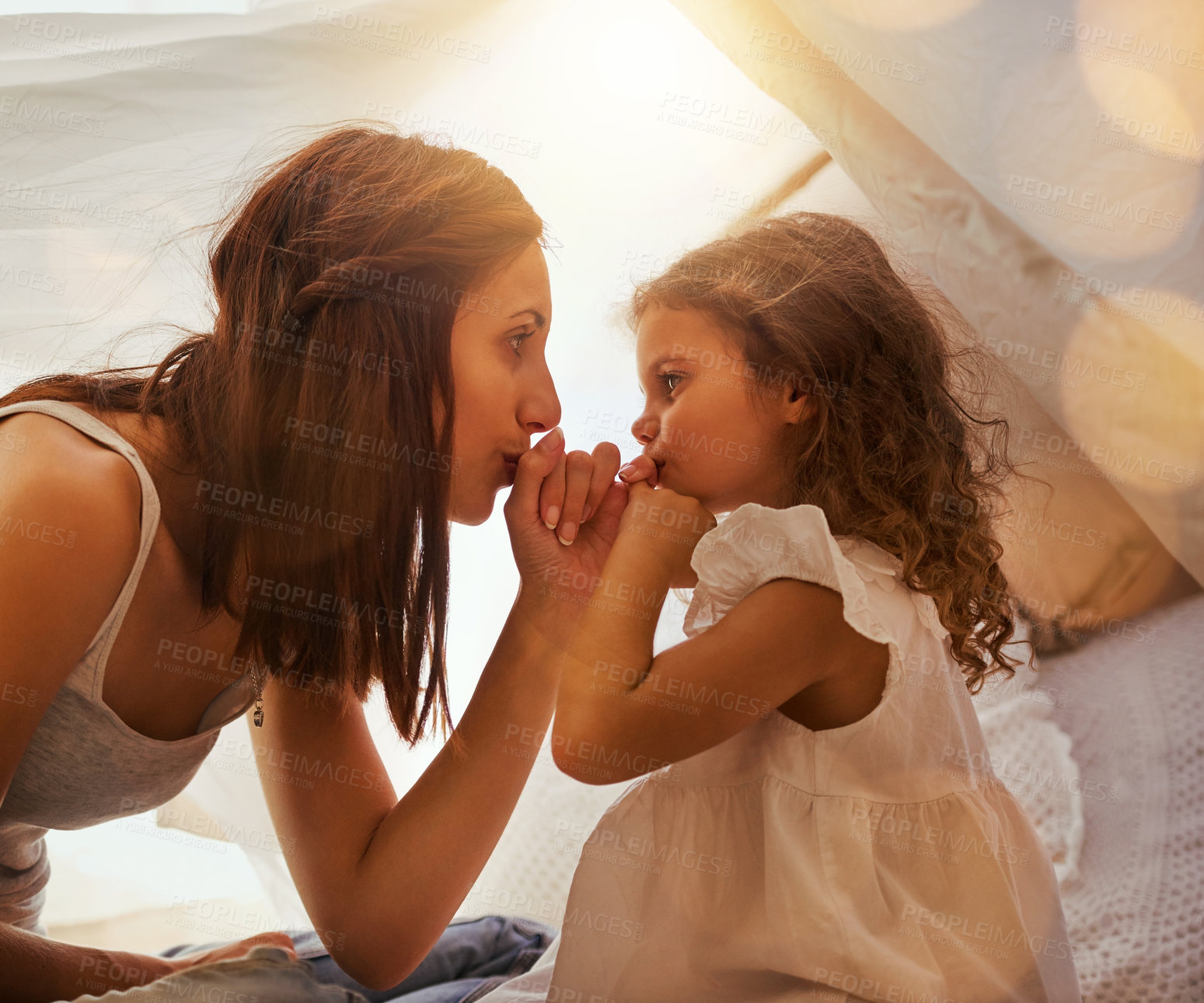 Buy stock photo Pinky promise, kiss and mom with child in bedroom with trust for secret, agreement and honesty. Family home, love and mom and girl with hand gesture in tent for confidential, bonding and relationship