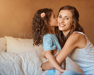 Buy stock photo Kiss, portrait and mom with child in bedroom for bonding, loving relationship and relax in home. Family, happy and mother with young girl for embrace together for love, affection and trust on bed