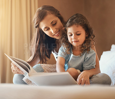 Buy stock photo Bedroom, reading and mom with kid, book and story time for child development and learning. Education, family and mother and young girl with novel for fantasy, storytelling and literature for bonding