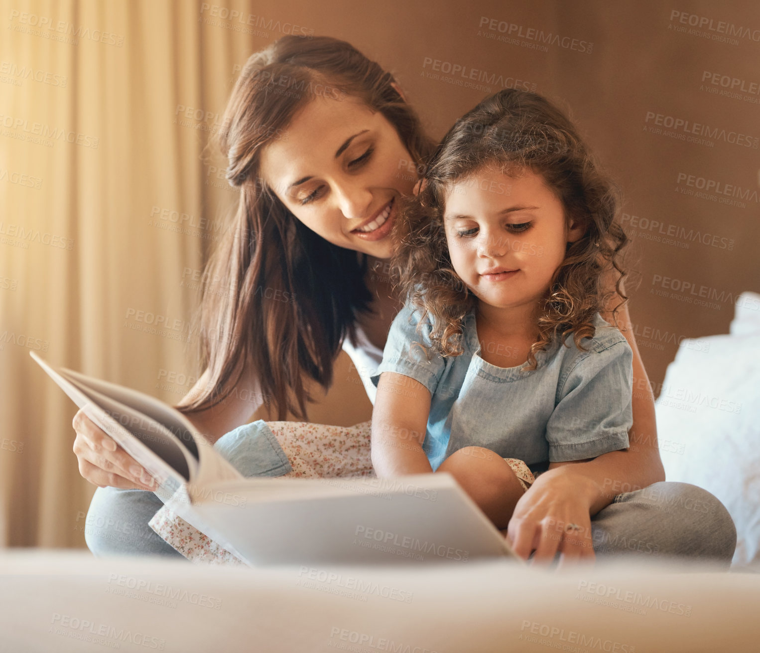 Buy stock photo Bedroom, reading and mom with kid, book and story time for child development and learning. Education, family and mother and young girl with novel for fantasy, storytelling and literature for bonding