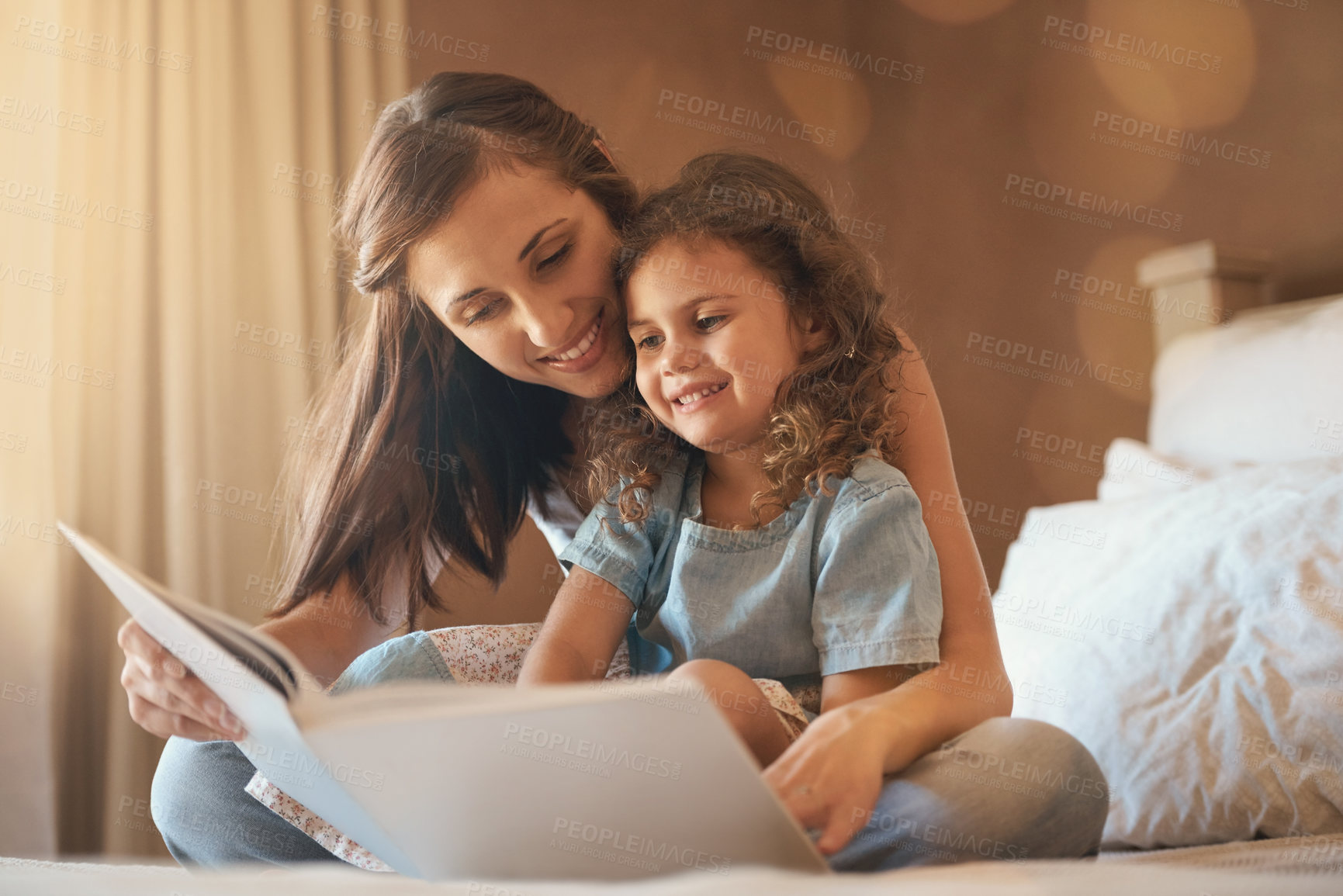 Buy stock photo Bed, mother and child with book, smile and bonding for story, education and learning in home. Reading, woman and girl in bedroom for storytelling, happy and relax with care, growth and development