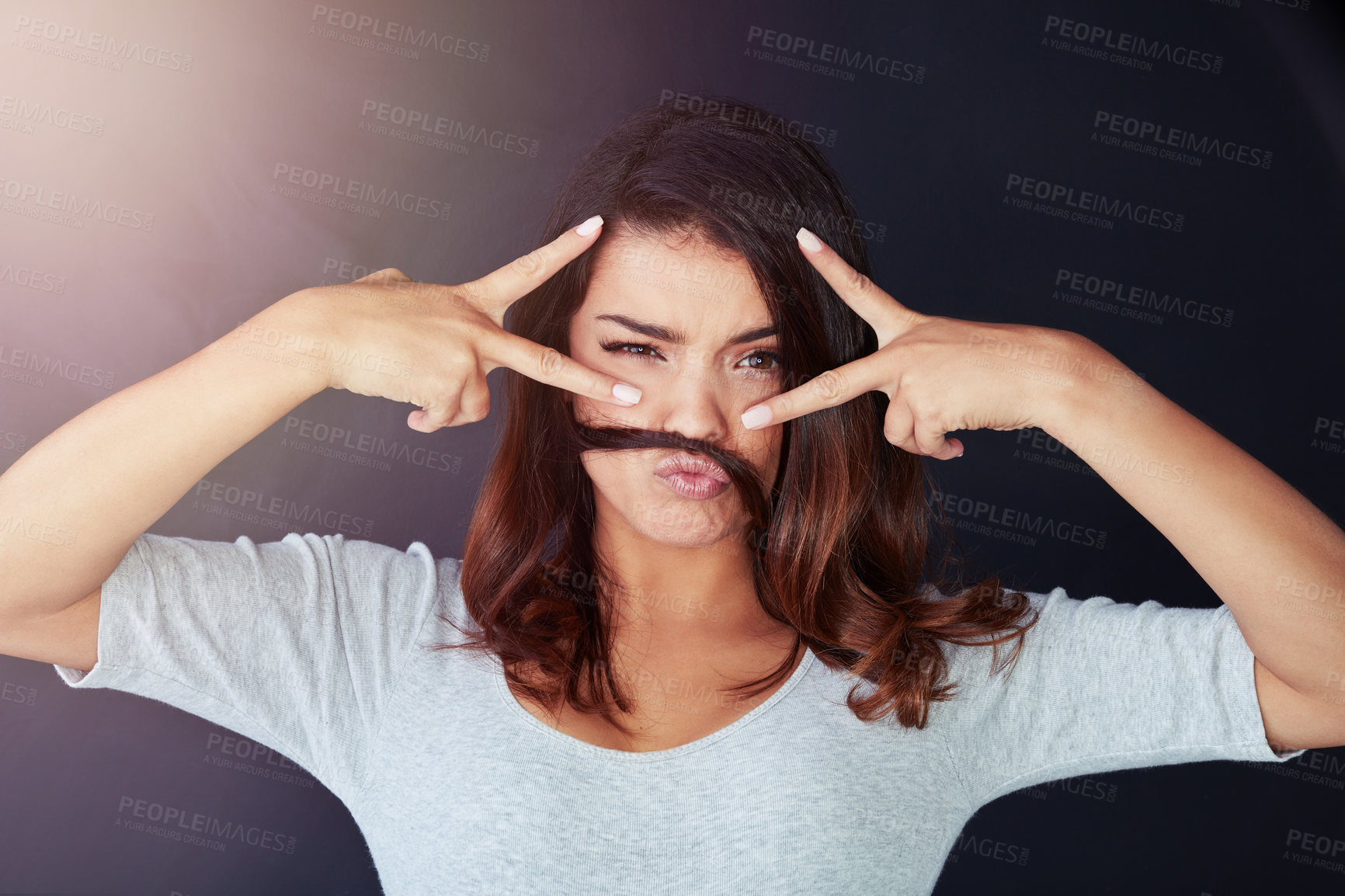 Buy stock photo Woman, hair and mustache on studio background or portrait, comedy and growth or textures. Female person, peace sign and emoji for haircare, funny joke and silly or goofy comic or playing for humor