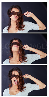 Buy stock photo Woman, hair and hiding on studio background or montage, cosmetics and healthy growth or textures. Female person, tongue out and composite for haircare, keratin treatment and comedy for dermatology