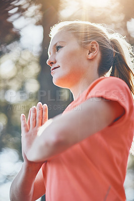Buy stock photo Woman, yoga and meditation with prayer pose, namaste and fitness outdoor with wellness, spiritual and low angle. Female person meditate, zen and exercise with healing, mindfulness and praying