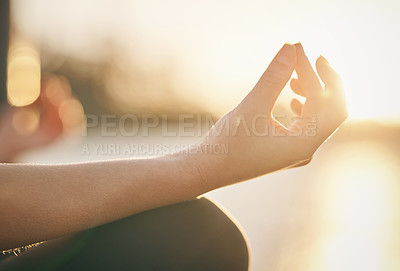 Buy stock photo Hand, yoga and lotus pose with woman at sunrise, fitness outdoor with meditation and wellness for mental health. Sunshine, female person meditate and zen with exercise, healing and mindfulness