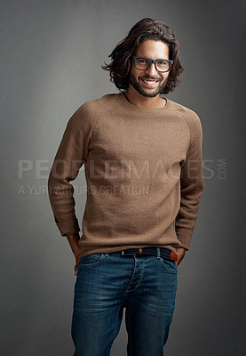 Buy stock photo Smile, portrait and man in studio with fashion, confidence and creative small business opportunity. Entrepreneur, glasses and happy design startup owner on dark background with goals for success