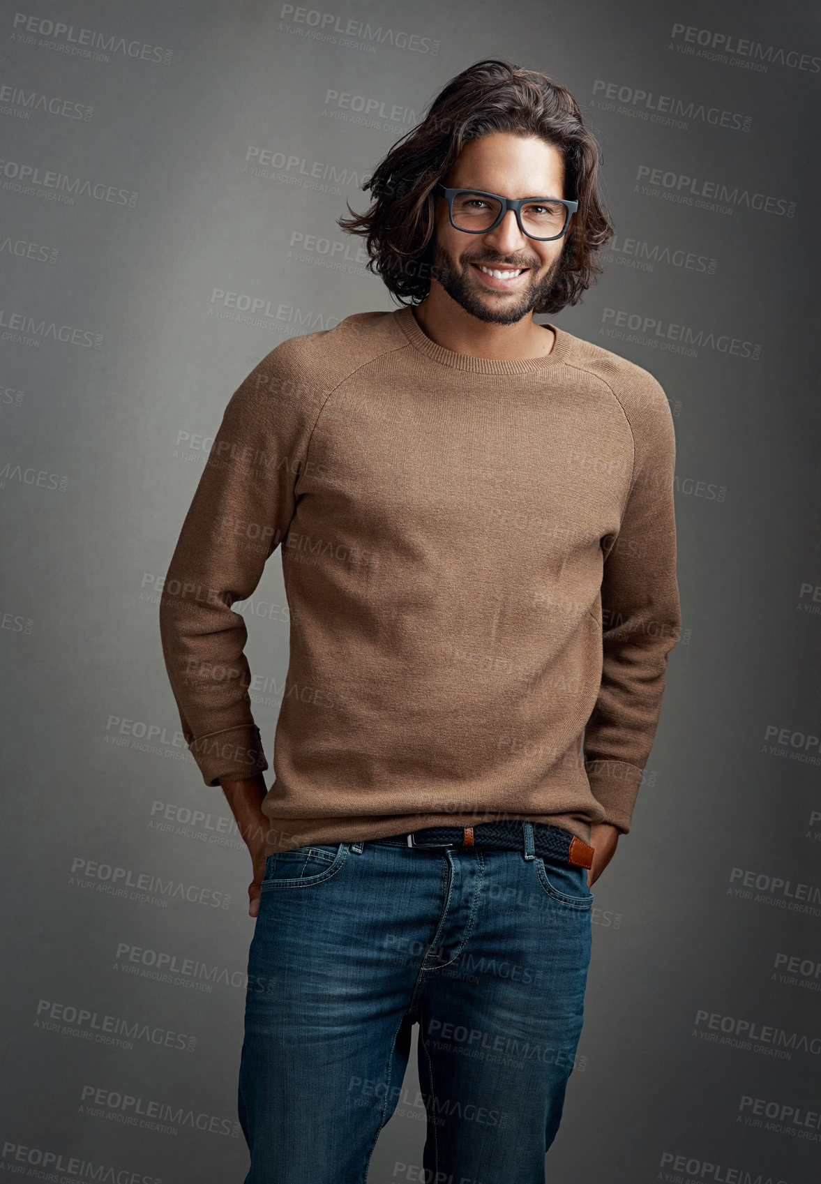 Buy stock photo Smile, portrait and man in studio with fashion, confidence and creative small business opportunity. Entrepreneur, glasses and happy design startup owner on dark background with goals for success