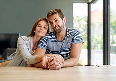 Buy stock photo Portrait, couple and holding hands in home for marriage, together and morning in living room. Love, support and man with woman for trust, care and security for relationship in house or apartment