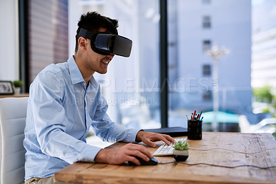 Buy stock photo VR, businessman and computer in office with headset for augmented reality, metaverse and user interface. 3D goggles, employee and person with digital innovation for simulation and virtual experience