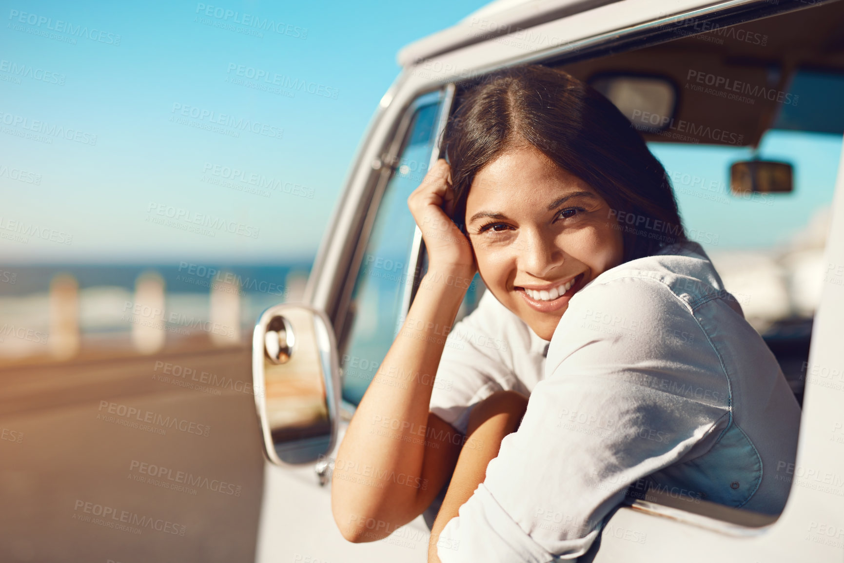 Buy stock photo Woman, van and travel or window portrait, happiness and fun adventure for summer holiday with transport. Vacation, relaxing and female person smiling for journey, weekend break and road trip