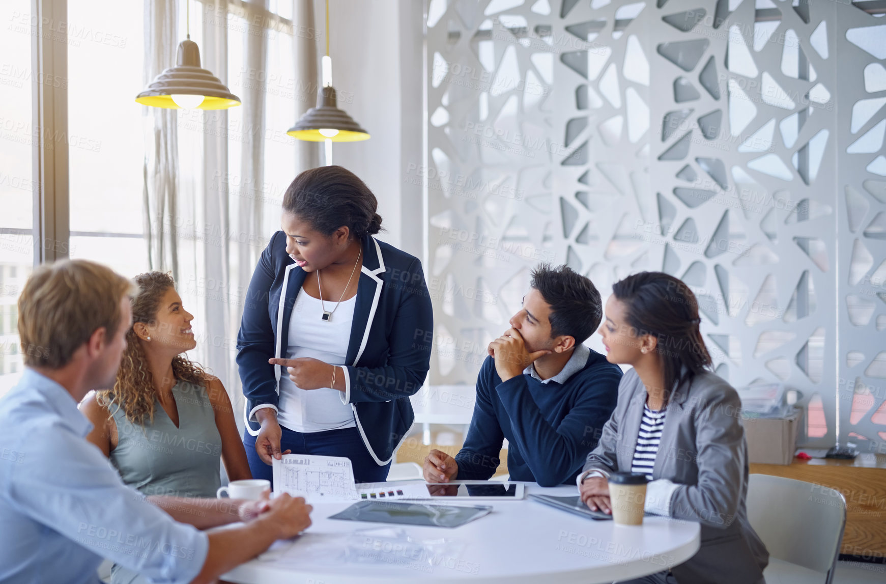 Buy stock photo Business people, meeting and discussion or manager for brainstorming, collaboration and technology or happy. Employees, men or women at corporate workplace with communication and planning with smile