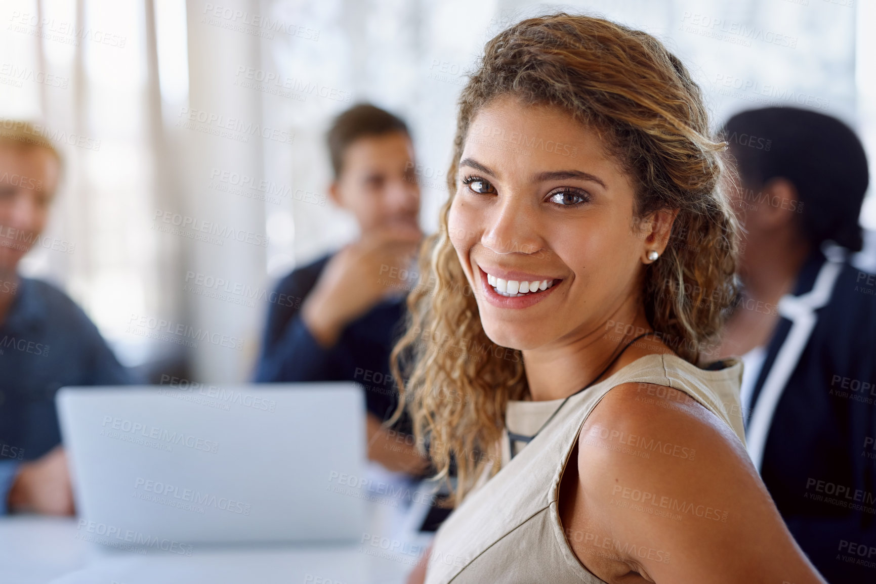 Buy stock photo Meeting, portrait and woman in boardroom, happy and proud of teamwork for project, laptop and confident in company. Business, auditor and person in workplace, professional and face of employee