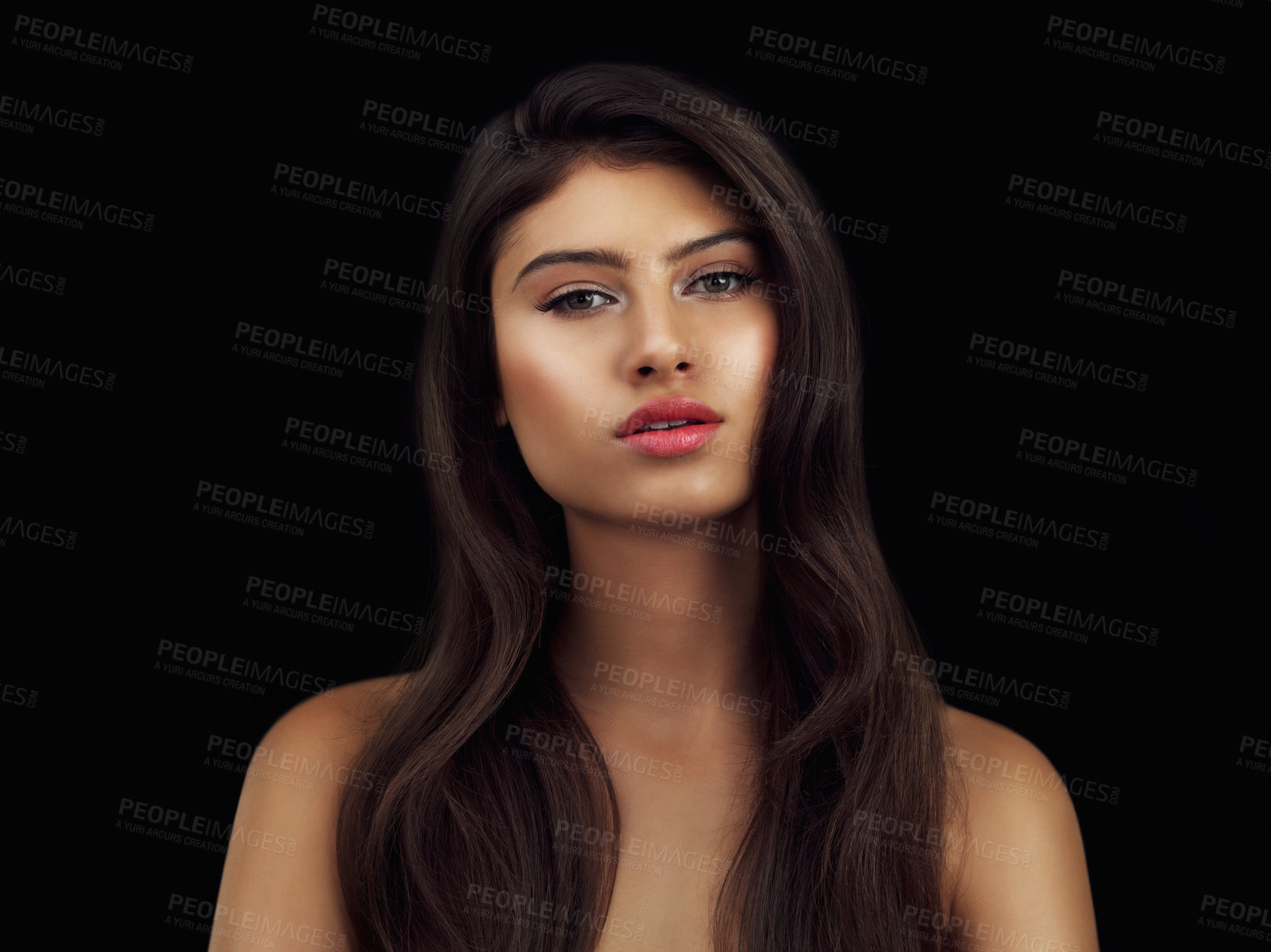 Buy stock photo Woman, portrait and beauty in studio for makeup, shine and cosmetic treatment for confidence. Model girl, pride and skincare or dermatology with glow, foundation and aesthetic by black background