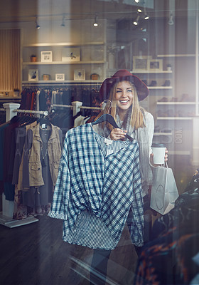 Buy stock photo Customer, woman and happy with blouse in boutique store for promotion, sale and discount. Female buyer, smile or person checking rack of clothes in fabric, retail shop at indoor mall and material