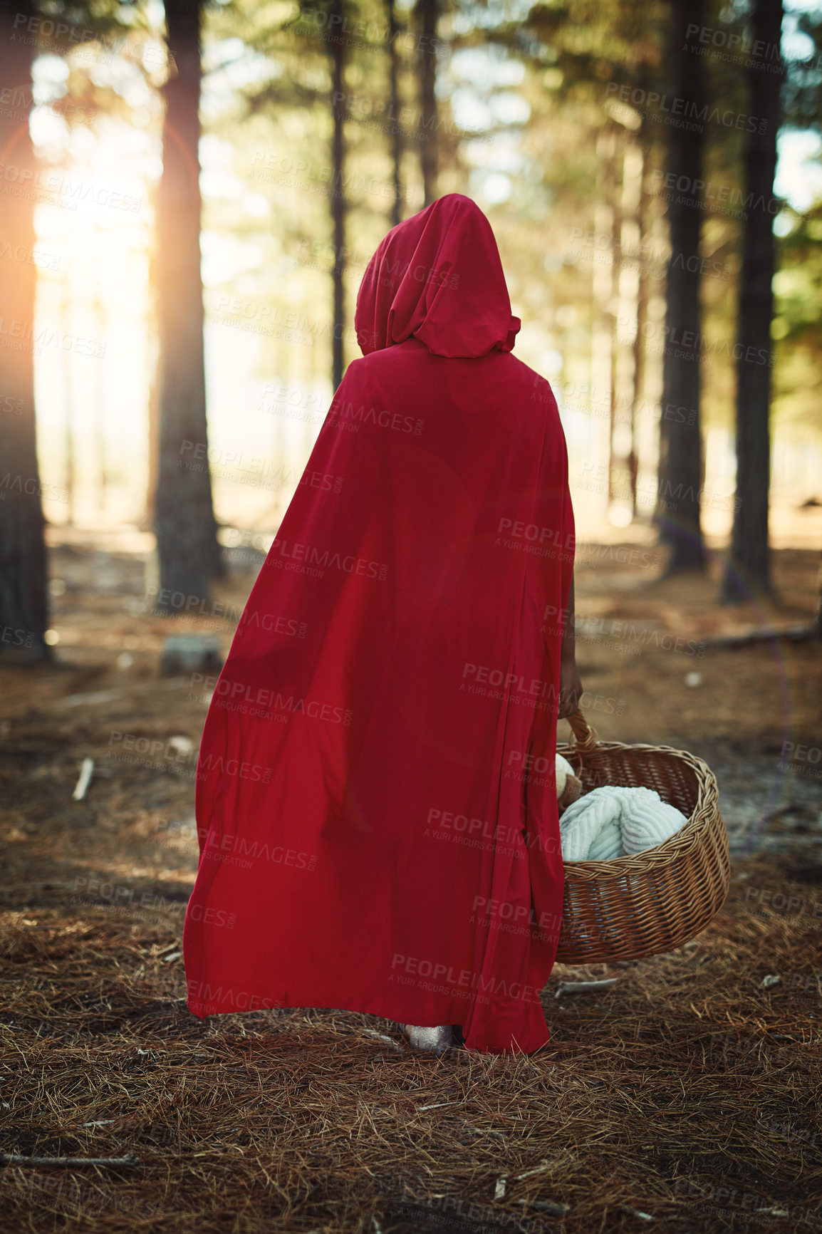 Buy stock photo Back, child and walking with basket in forest for fairytale cosplay character or girl dress up for magic fantasy. Woods, red hood and kid at park for travel, holiday or adventure outdoor with cloak