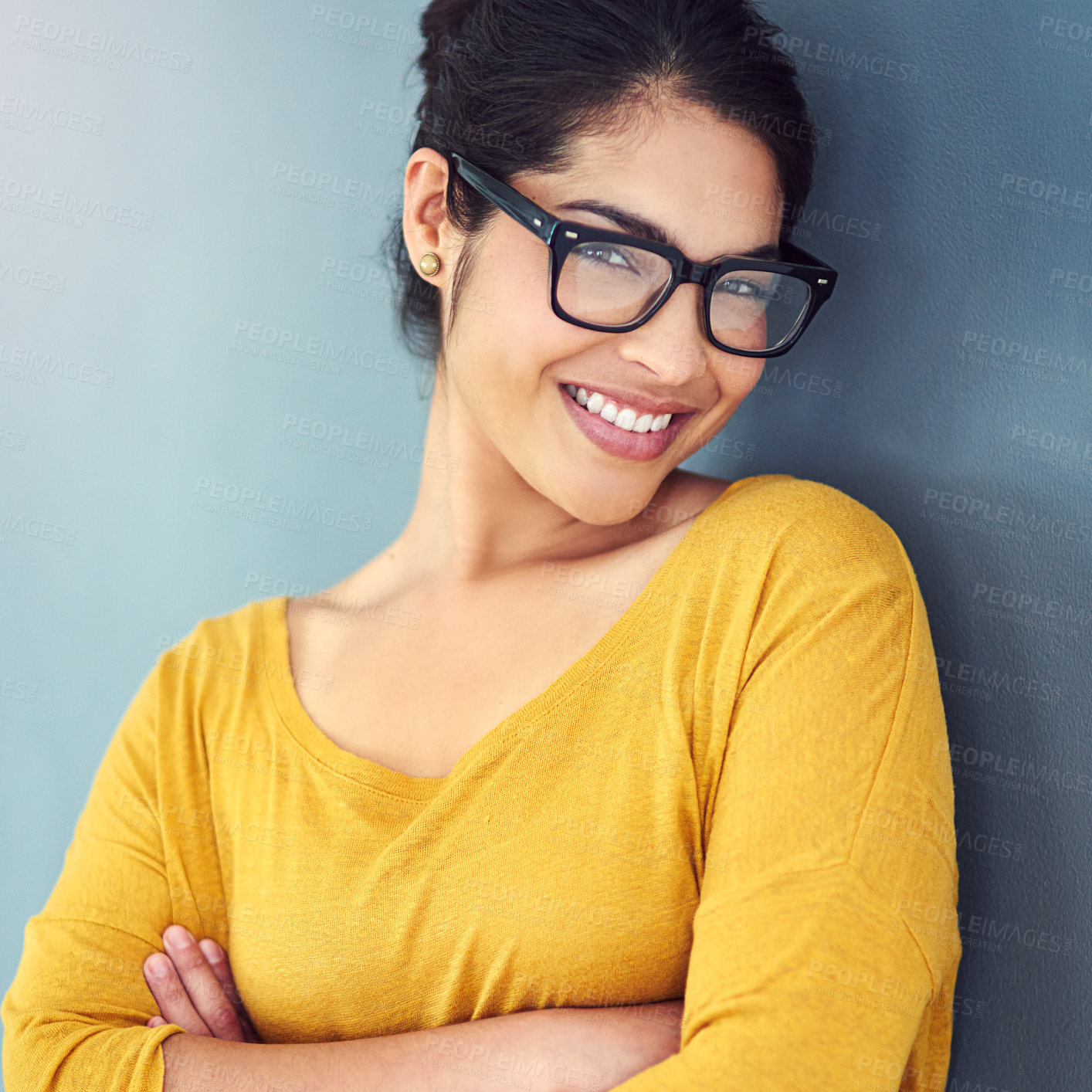 Buy stock photo Business woman, portrait and crossed arms in studio on gray background for career, job and work. Employee, smile and confident accountant for professional, pride and corporate agenda with glasses