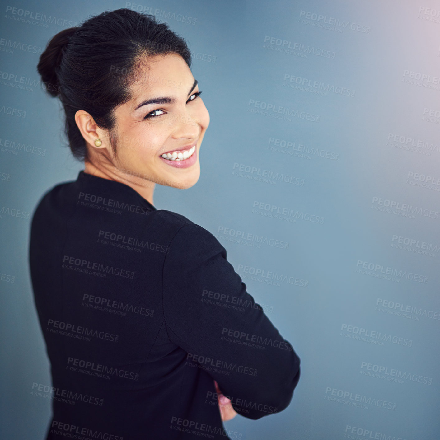 Buy stock photo Studio, employee and face of woman, joy and professional with pride, USA and lawyer. Blue background, student and smile of person, internship and confident for law firm and  financial advisor