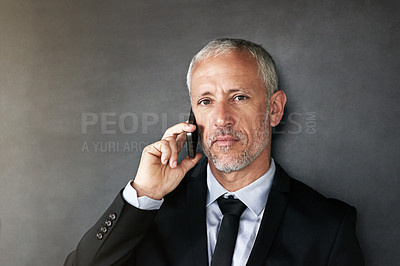 Buy stock photo Mature, man and phone call for business portrait, online feedback and lawyer on smartphone in office. Communication, connection and mobile consultation or networking, discussion and contact client