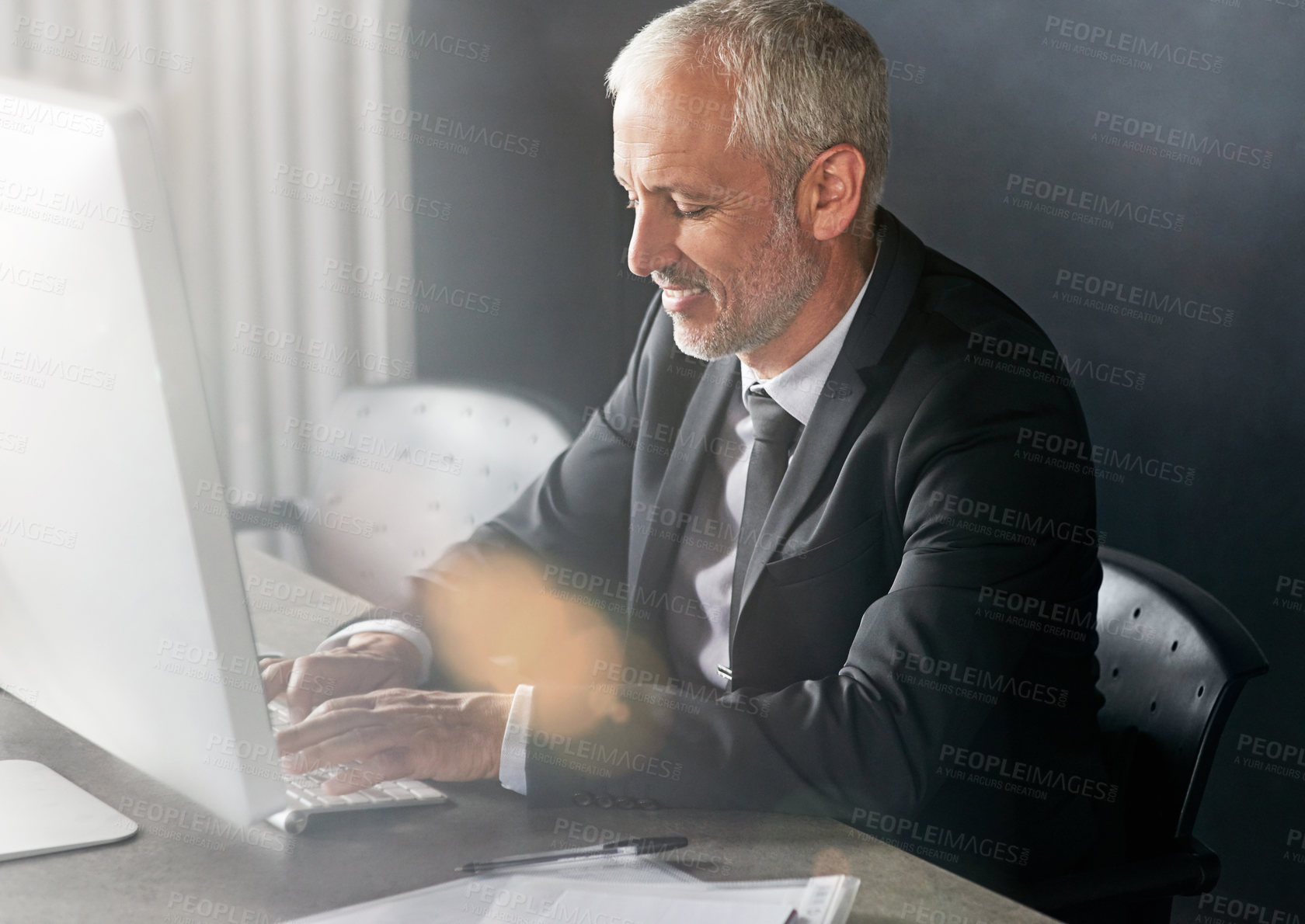 Buy stock photo Businessman, mature and man or typing on computer, attorney and email client on case progress in law firm. Office, networking and search for pleadings info, professional and internet for legal advice