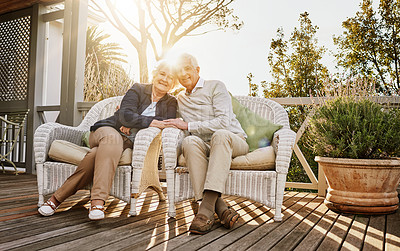 Buy stock photo Love, patio and portrait of senior couple with sunrise enjoying bonding, quality time and relax in morning. Marriage, retirement home and elderly man and woman smile with drink for breakfast on deck
