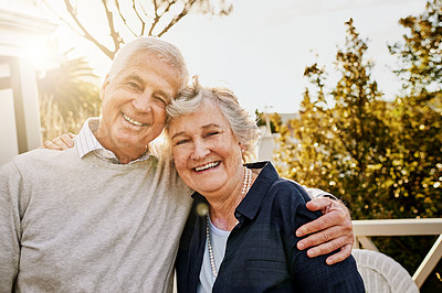 Buy stock photo Hug, outdoor and portrait of senior couple enjoying bonding, quality time and relax in morning. Love, retirement home and face of elderly man and woman on patio for marriage, trust and happiness