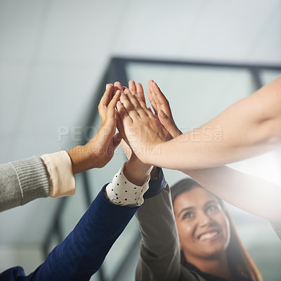 Buy stock photo High five, success or hands of happy business people meeting in celebration of b2b group project. Teamwork, smile or excited employees celebrate winning a bonus, deal or sales target goals together