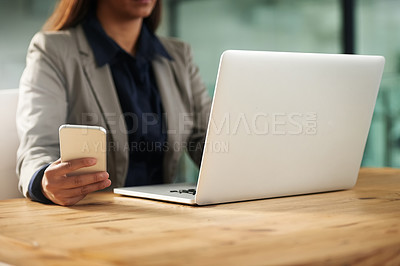 Buy stock photo Phone, laptop or hands of woman in office on social media networking, chatting or texting message. Business news, scroll or editor typing, copywriting or checking emails online on digital mobile app