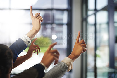 Buy stock photo Hands up, workshop or business people in presentation asking questions for an answer or ideas. Teamwork, faq or employees with hand raised in group discussion meeting for problem solving or solution