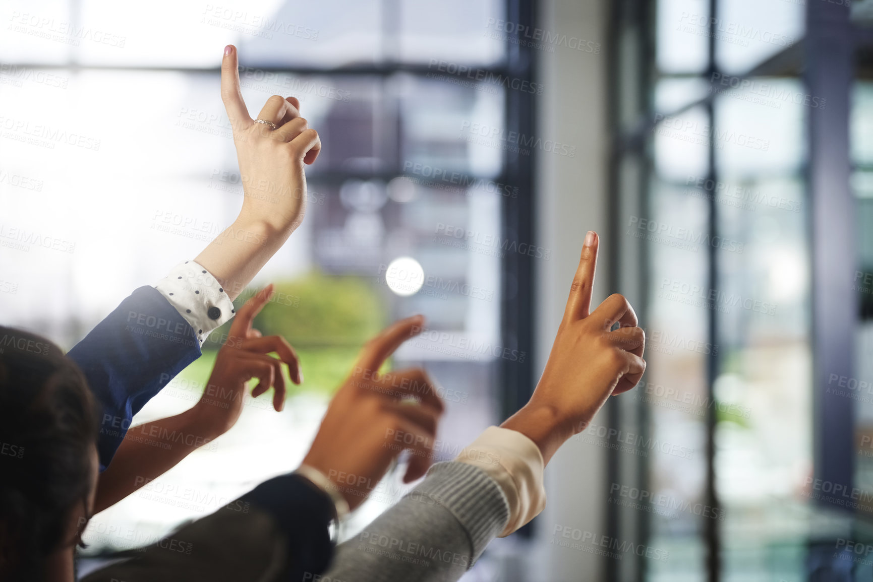 Buy stock photo Hands up, workshop or business people in presentation asking questions for an answer or ideas. Teamwork, faq or employees with hand raised in group discussion meeting for problem solving or solution