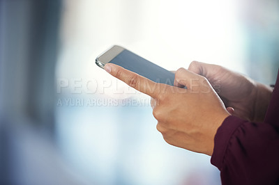 Buy stock photo Phone, closeup or hands of woman in office on social media networking, chatting or texting message. News, surf or female employee typing, scrolling or checking emails online on digital mobile app 